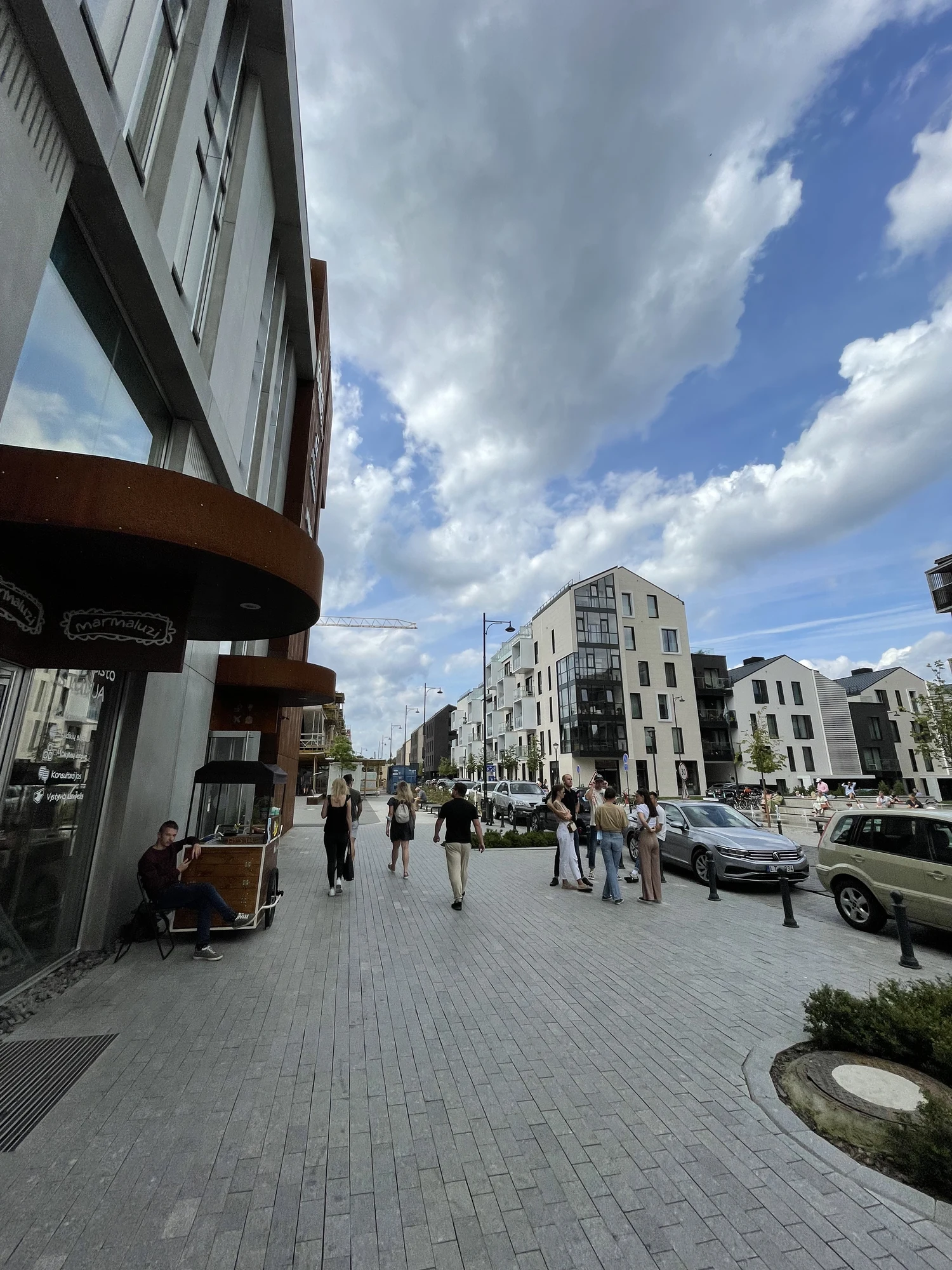 A wide-angle view of a paved pedestrian street in the modern Paupys district of Vilnius, with people walking past contemporary residential and commercial buildings under a cloudy blue sky.