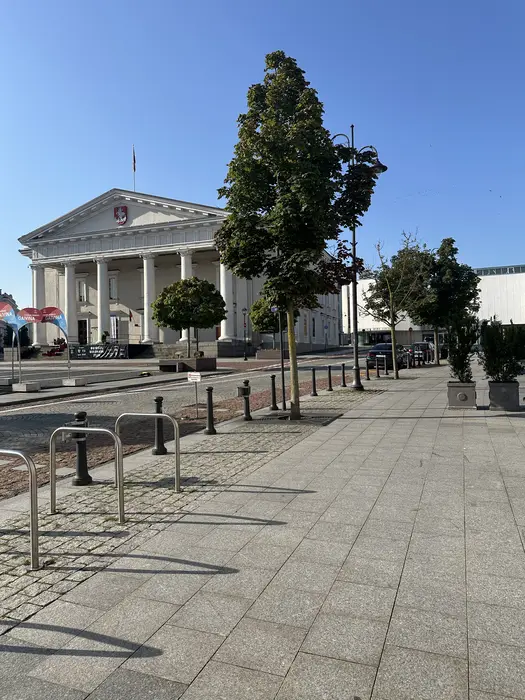 A view of the neoclassical Vilnius Town Hall building from across a paved pedestrian square with young trees and bicycle racks in the foreground under a clear blue sky.