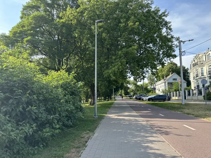 A paved pedestrian walkway and a red asphalt bicycle path side-by-side, bordered by large green trees and elegant residential buildings under a bright sky.