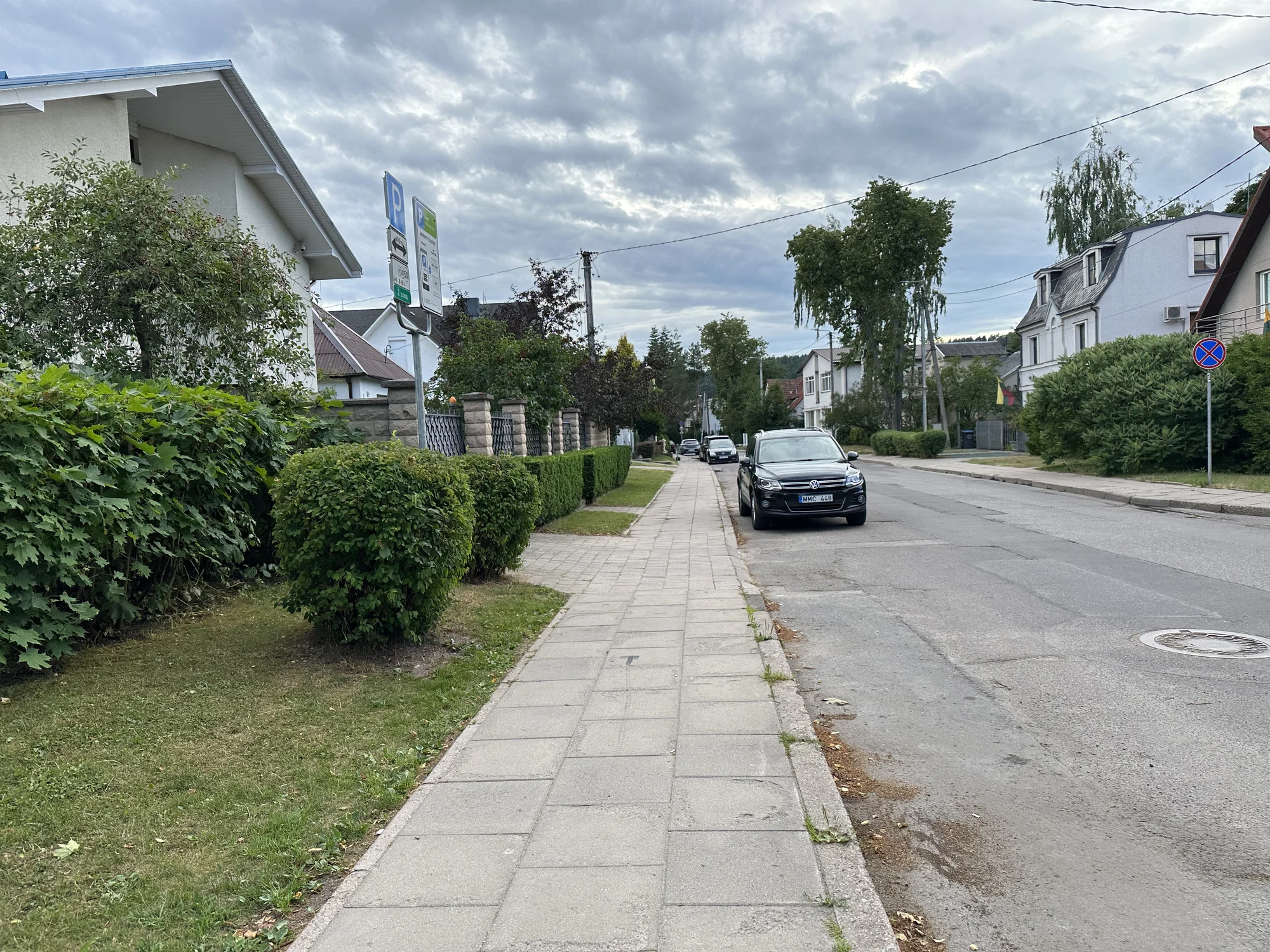 A paved sidewalk runs alongside a quiet street lined with green hedges, houses, and parked cars under an overcast sky.