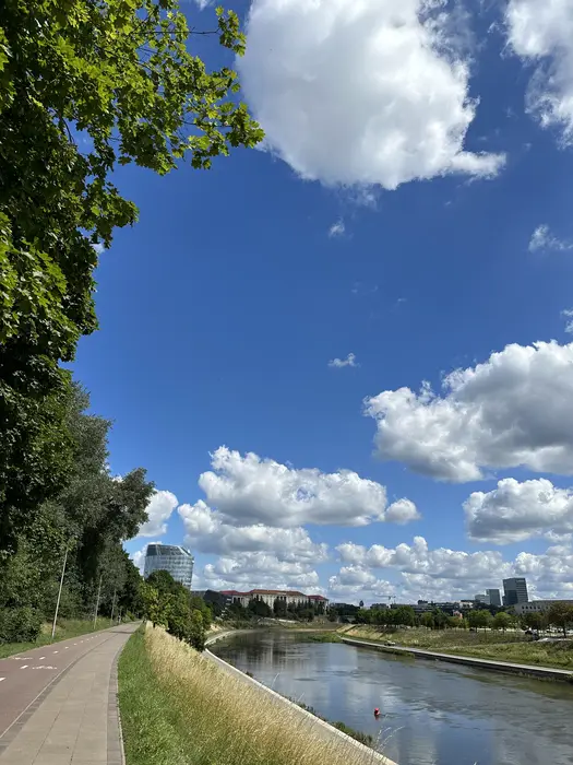 A vertical view of the Neris River in Vilnius on a sunny day, with a paved bicycle path on the left, green trees, and modern buildings in the distance under a blue sky with white clouds.