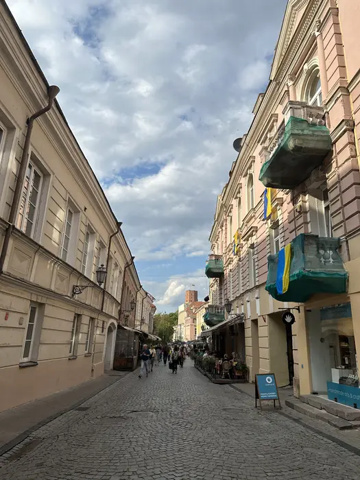 A view looking down a narrow cobblestone street in Vilnius Old Town, lined with historic pastel-colored buildings with balconies, leading towards Gediminas' Tower in the distance under a cloudy sky.