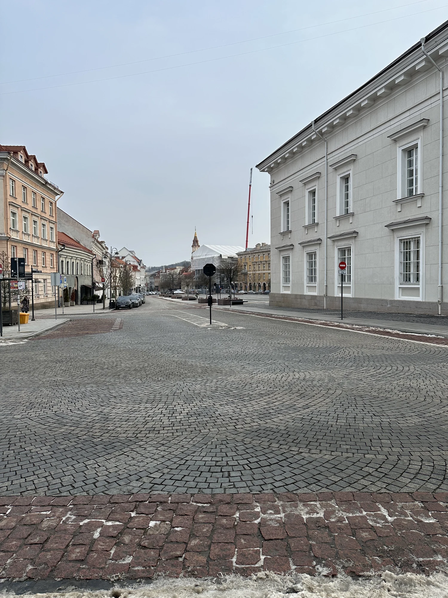 A wide-angle view of the cobblestone pavement at Town Hall Square in Vilnius, featuring the white neoclassical Town Hall building on the right and historic pastel-colored buildings on the left.
